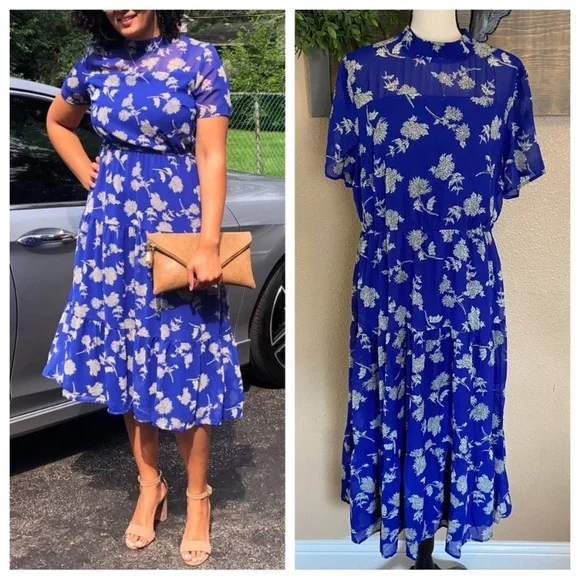 floral dressed up royal blue floral print midi dress Little nautical flapper dress in dark blue and off white – LaVieDelight main image 0